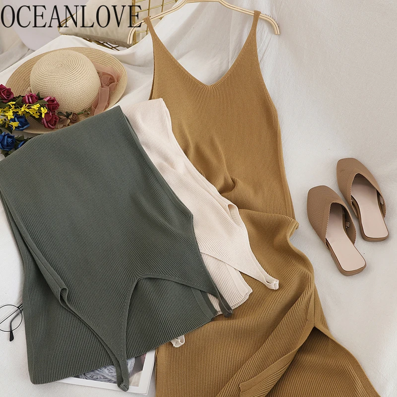 OCEANLOVE V 넥 솔리드 니트 드레스 캐주얼 모든 경기 간단한 패션 한국 여성 드레스 우아한 Vestidos 새 옷 15517