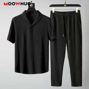 여름 신작 남성 캐주얼 세트 티셔츠 + 바지 운동복 조깅 남성 패션 트랙 슈트 스웨트 Hombre Fit MOOWNUC