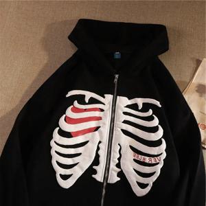 Y2K Skeleton Hoodeds 여성 2025 Vrouwen Gothic Zwart 지퍼 업 오버 사이즈 스웨트 Dames Retro 하라주쿠 Capuchon streetwear Tops