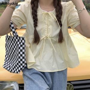 스위트 퍼프 슬리브 블라우스 여성 셔링 디자인 프레피 솔리드 프렌치 스타일 루즈 캐주얼 여름 패션 올 매치 Girlish Ulzzang