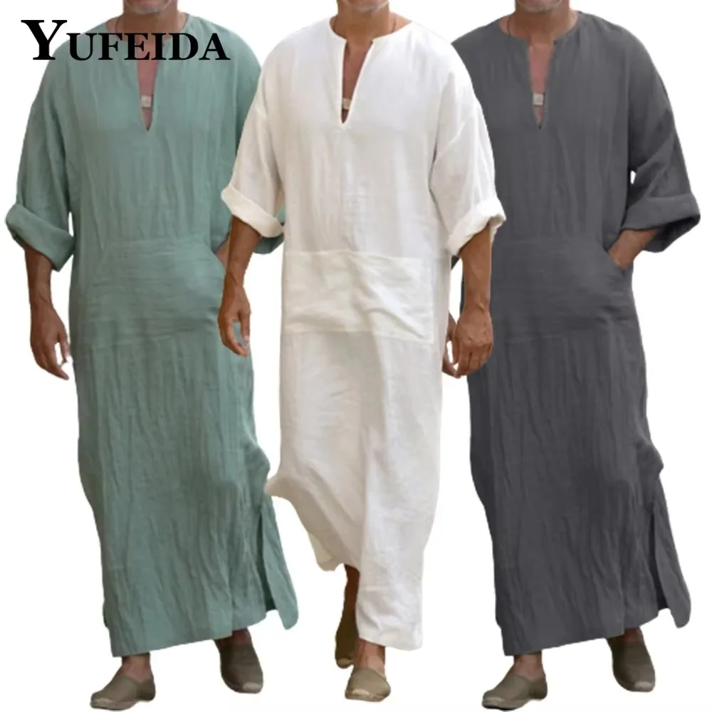 YUFEIDA 남성 긴 리넨 Jubba Thobe Kaftan 이슬람 아랍 이슬람 v 넥 긴 소매 솔리드 코튼 린넨 가운 이슬람 아라비아 남자 Abaya