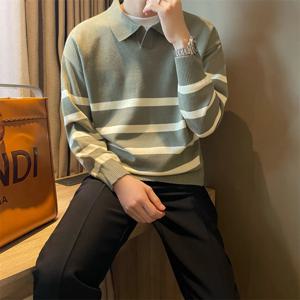 남성용 가을 간단한 옷깃 스트라이프 스웨터 캐주얼 빈티지 한국 패션 니트 탑 새로운 Y2K 루즈 니트 풀오버 점퍼