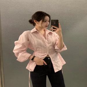 ChicDesign Sensibility 한국 여성 긴 소매 셔츠 슬리밍 옷깃 스트라이프 패턴 폴리 에스터 섬유 통근 스타일