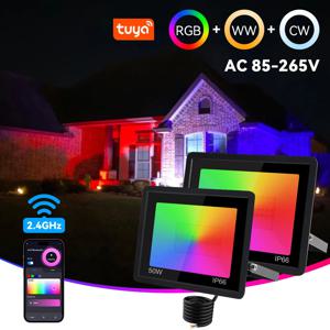 RGB 투광 조명 TUYA 스마트 제어 투광 조명 RGBCW IP65 야외 조명 50W 100W 여러 가지 빛깔의 스포트라이트 WIFI 정원 Bac에 연결