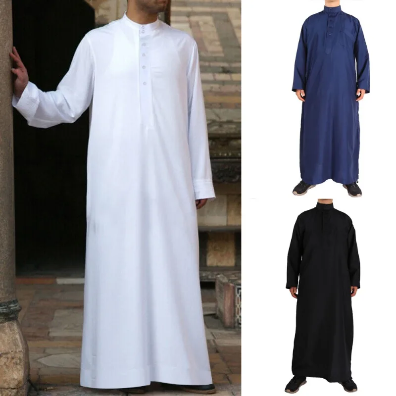 남자 이슬람 가운 이슬람 라마단 Juba Kaftan Dishdash 아라비안 가운 솔리드 컬러 긴 소매 칼라 느슨한 티셔츠 드레스 튜닉