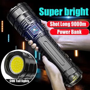 울트라 브라이트 LED 손전등 강력한 전술 토치 15000mah 내장 배터리 테일 라이트가있는 비상 캠핑 스포트라이트