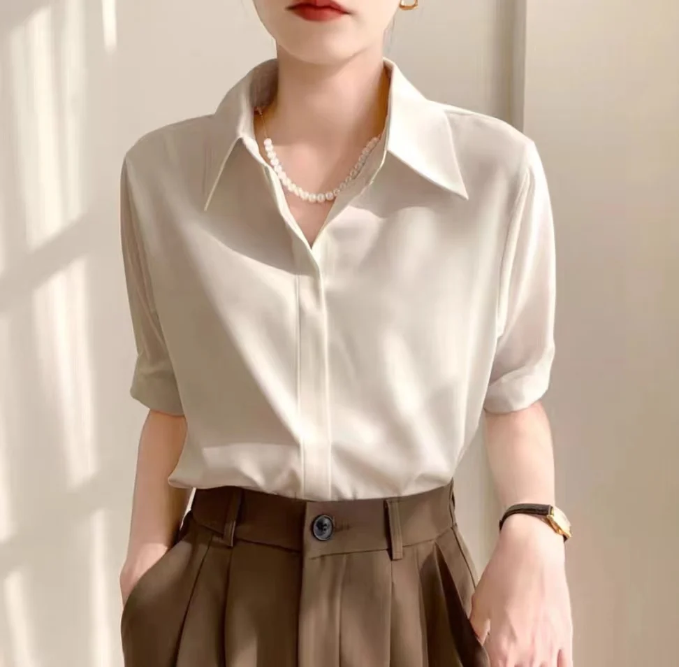 여성용 캐주얼 루즈 반팔 블라우스, 여성용 셔츠, 화이트 풀오버, 단추 업 여성 의류, 우아한 와먼 탑, 여름 패션