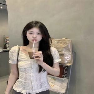 섬세한 레이스 버블 슬리브 슬림 피트 반소매 셔츠 v 넥 프린세스 슬리브 폴리 에스터 섬유 통근 스타일 퓨어 컬러 셔츠