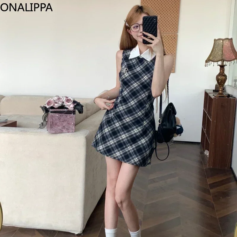 Onalippa 빈티지 격자 무늬 미니 드레스 여성 허리 벨트 폴로 칼라 민소매 라인 드레스 하이 스트리트 대비 베스 티드