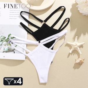 FINETOO 4Pcs 코 튼 더블 얇은 벨트 여성을위한 속옷 섹시 한 낮은 허리 스트라이프 끈 숙 녀 Soild 팬티 통기성 란제리