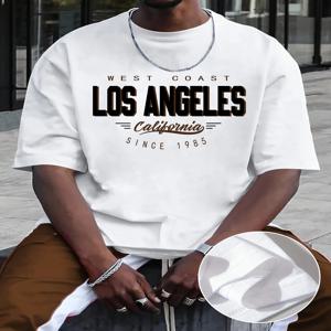 여름 남성 100% 코튼 편안한 캐주얼 루즈 플러스 사이즈 LOS ANGELES 프린트 스포츠 라운드 넥 반팔 티셔츠 탑