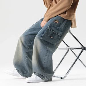 남성용 카고 청바지, 큰 포켓 스트링 밴딩, 와이드 헐렁한 데님 바지, 드로스트링 스트레이트 캐주얼 진 바지, 가을 신상