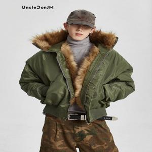 Uncledonjm 모피 칼라 후드 코튼 코트 클린 피트 힙합 Y2k 퍼퍼 자켓 럭셔리 남성 겨울 자켓