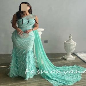 Fashionvane 맞춤형 인어 원 숄더 반짝이는 주름 진주 깃털, 여성용 무도회 드레스, 섹시한 파티 가운, 이브닝 원피스, 2024