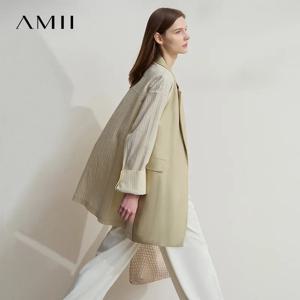 Amii 미니멀리스트 여성 캐주얼 재킷, 리오셀 리넨 충돌 스플라이싱, 주름진 질감, 루즈 탑 12551008, 2025 용수철 패션