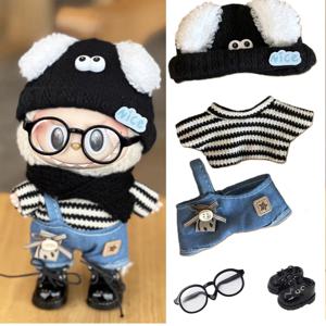 17cm Labubu V1 V2 개 모자 데님 스트랩 스트라이프 내부 Labubu 디자이너 의류 Labubu Ropa 용 패션 의류 세트
