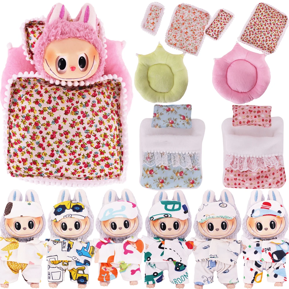 17cm 미니 인형 액세서리 세트 Labubu 인형 팝 3 개/대 침대 + 이불 + 베개 잠옷 침낭 인형 집 선물, 소녀 장난감
