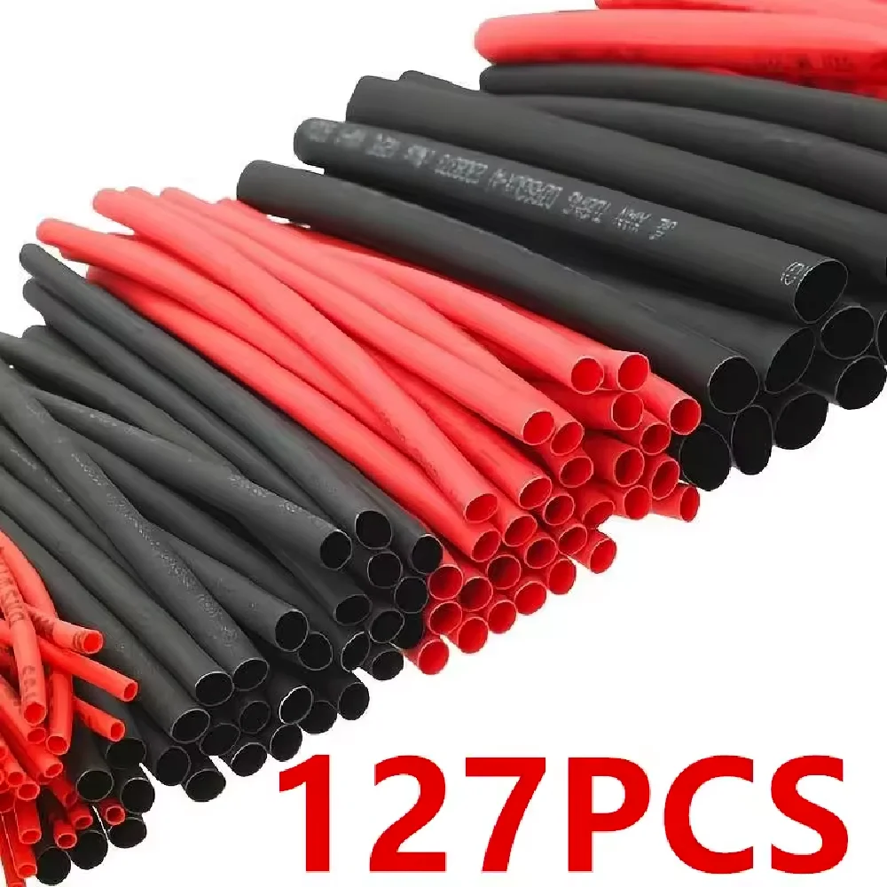 127PCS 검정색 빨간색 열 수축 튜브 2:1 구색 폴리올레핀 튜브 자동차 케이블 슬리브 랩 와이어 키트