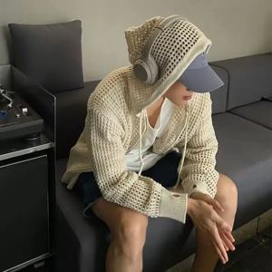 2025 남성 캐주얼 중공 코트 통기성 카디건 스웨터 여름 경량 후드 니트 탑 한국 트렌디 스트리트웨어 의류