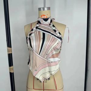 프린트 디자이너 브랜드 섹시 수영복 홀터넥 클래식 민소매 비키니 탑 스트라이프 패턴 비치 레이스업 수영복 여성
