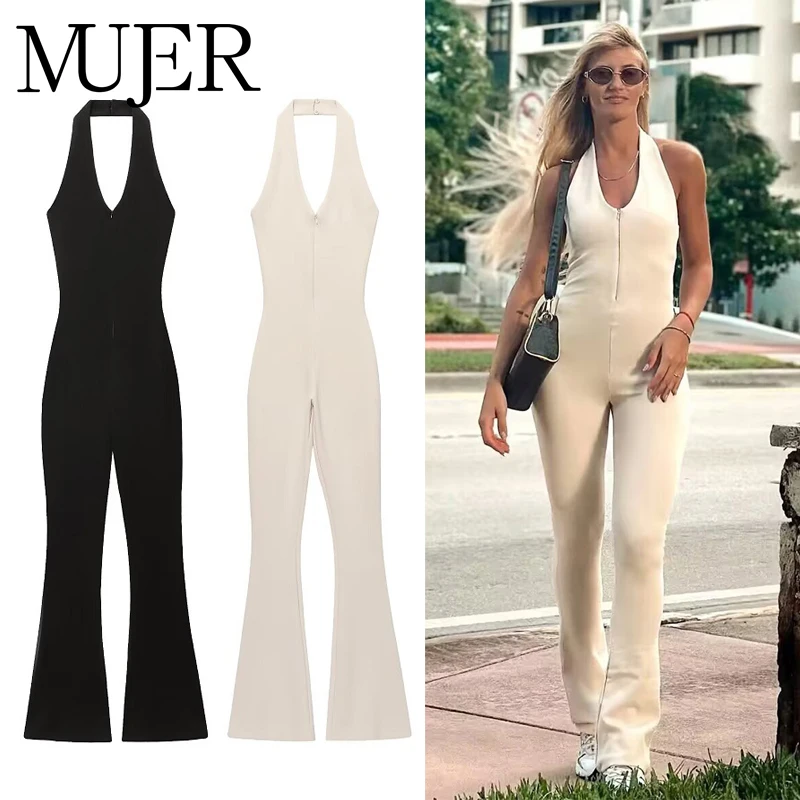 MUJER 2025 롱 점프수트 여성 플레어 피트니스 점프수트 블랙 여름 여성 점프수트 섹시 슬리브리스 백리스 오버올