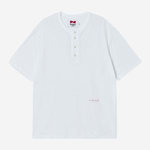 [최초가 69,000원] [COLLECTION LINE] 린넨 블렌디드 빈티지 가먼트 헨리넥 반팔 티셔츠 화이트