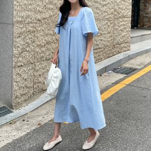스퀘어넥 퍼프소매 롱 원피스 38560