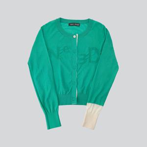 로고 뽀글이 니트 가디건 GREEN