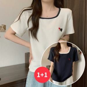 [브리치] 나바바 / NT2624 여성 1 + 1 하트 자수 스퀘어넥 반팔 티셔츠