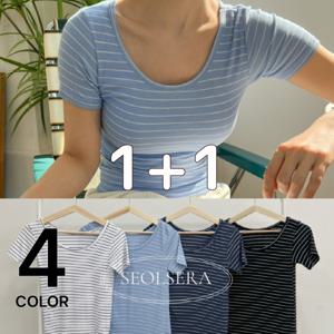[브리치]  /  1 + 1상품  스트라이프 유넥 슬림 골지 쫀쫀 스판 반팔티셔츠/ 4color