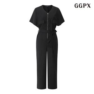 정상가:119,000원 | V넥 벨티드 투포켓 집업 롱 점프수트 (GOBOW027D)