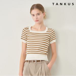 정상가:49,000원 ㅣ 스퀘어넥 스트라이프 배색 반팔 니트 (TX2KP008L0)