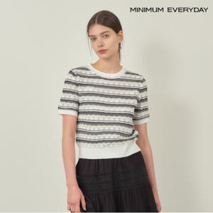 정상가:49,000원 ㅣ [미니멈 에브리데이]물결 배색 스트라이프 반팔 니트 (EB2KT045D)