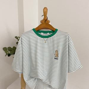 [브리치] 헤이븐 / 1+1 멜츠 베어 자수 스트라이프 반팔 티셔츠(4color)