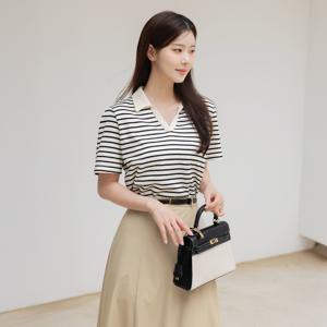 (~XL까지) 큐앤 오픈카라 퍼프소매 스트라이프 티셔츠 여름 만능코디 데일리 일상 캐쥬얼 출근룩 빅사이즈