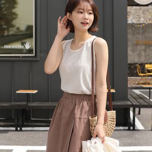 [빼빼] U넥 린넨 스트라이프 민소매 나시 티셔츠