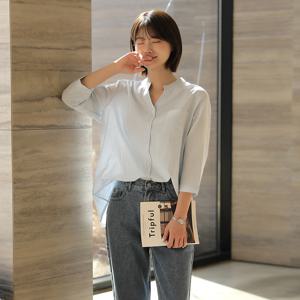 [빼빼] (S/M)자체제작 오픈 헨리넥 스트라이프 7부 블라우스
