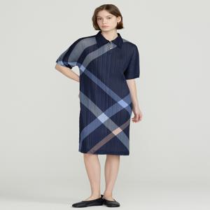 닥스 여성 DLDR5BP27N2 [D-PLEATS] 네이비 체크 5부소매 롱 플리츠 카라넥 원피스