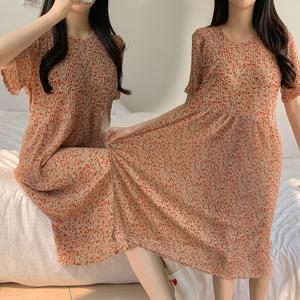 벌프 플라워 패턴 베이직 여름 플리츠 반팔 롱 원피스