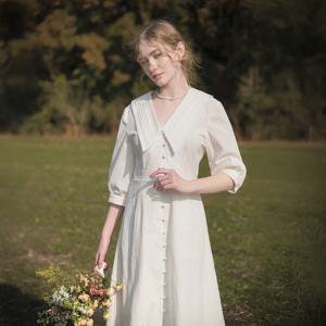 ROMIN V neck pintuck collar dress_WHITE