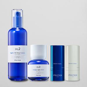 [하지원 루틴 스타터 세트] 파우치24 퀸즈밤 2개(펄화이트&사파이어블루) + 넘버2 에센스 + 넘버3 세럼