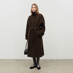 UNISEX STAND COLLARED WOOL COAT DARK BROWN