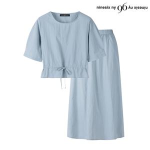정상가:45,000원 | 스트링 반팔 티셔츠 밴딩 스커트 셋업 (NO2OW030L0)