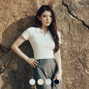 355529 한소희 14gg 립 골지 버튼 폴로넥 반팔 니트 스웨터