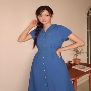 헤지스 여성 HSDR5B303B2 [시즌오프]턱 디테일 경량 셔츠형 반팔 원피스 블루