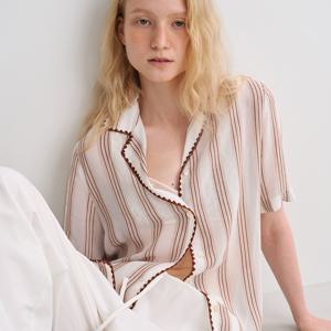 embroidery shirt blouse [Italian fabric] (brown stripe)