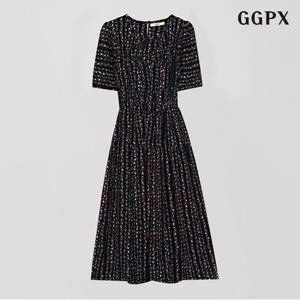 정상가:79,000원 | 라운드 플라워 패턴 쉬폰 롱 반팔 원피스 (GOBOW042D)