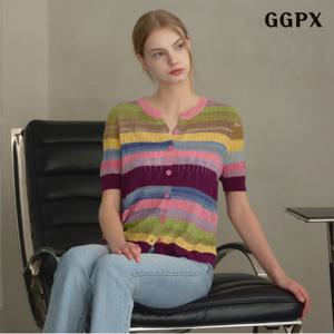 정상가:59,000원 ㅣ 스트라이프 믹스드 컬러 반팔 니트 가디건 (GPBCK015D)