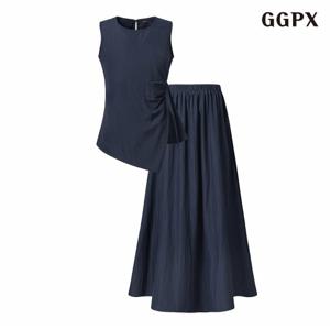 정상가:119,000원 ㅣ 민소매 셔링 블라우스 롱 스커트 셋업 (GPBOW064D)