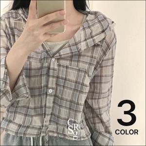 [브리치] 크림슈가 / 긴팔VER 장마템 스트링 체크후드 크롭 긴팔남방 3color